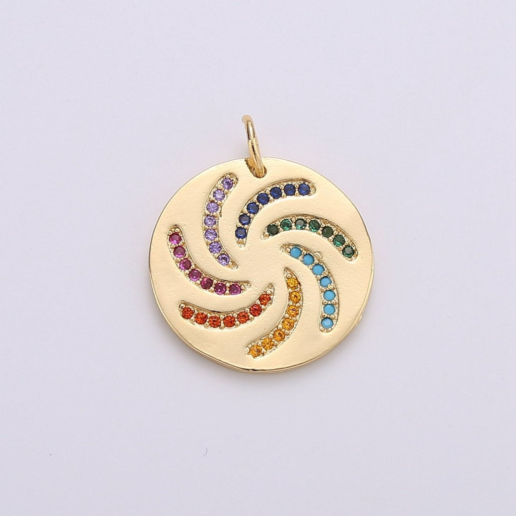 Dainty Rainbow Charm, Multi Color Charm Micro Pave Cz Pendant Disc Charm in Gold plated, C-567 - DLUXCA
