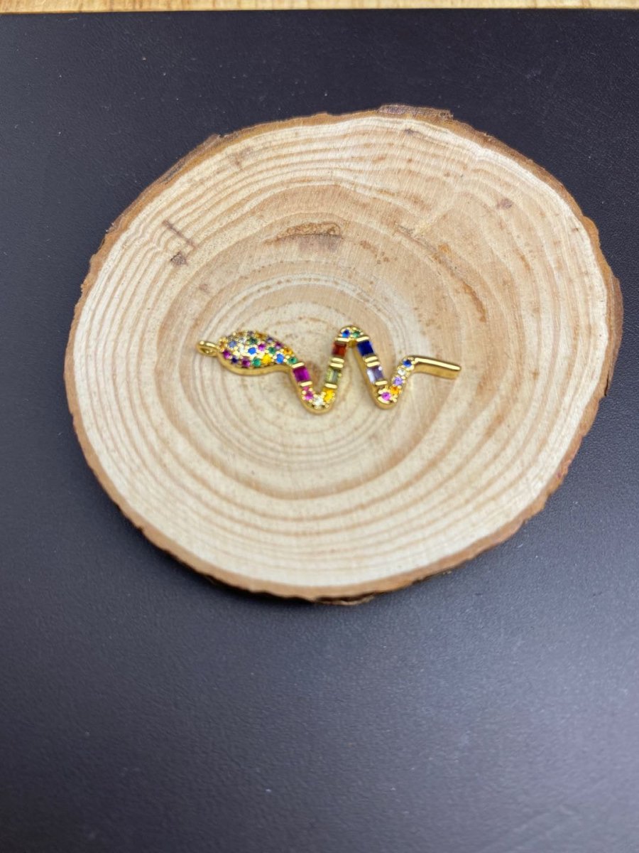 Dainty Rainbow Micro Pave Snake Charm, CZ Cubic Snake Charm Gold plated Serpent Charm Animal Charm for Necklace, Earring, Bracelet Component D-067 - DLUXCA