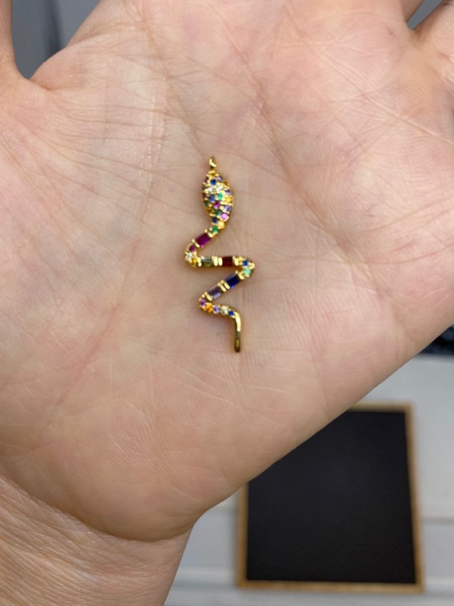Dainty Rainbow Micro Pave Snake Charm, CZ Cubic Snake Charm Gold plated Serpent Charm Animal Charm for Necklace, Earring, Bracelet Component D-067 - DLUXCA