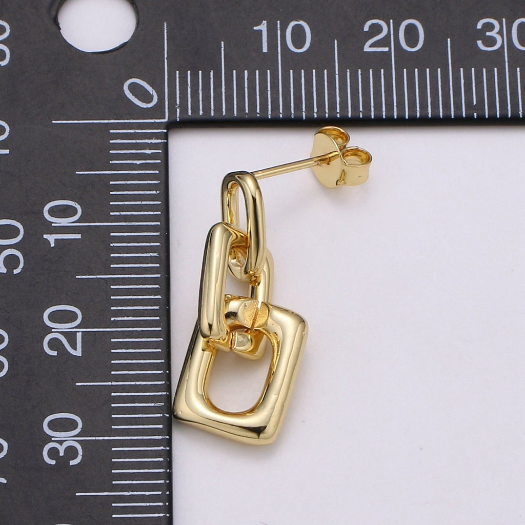 Dainty Rectangle Link Charm Stud, Gold Plated Simple Earring Modern design Earring, Butterfly backing closure Q-341 - DLUXCA