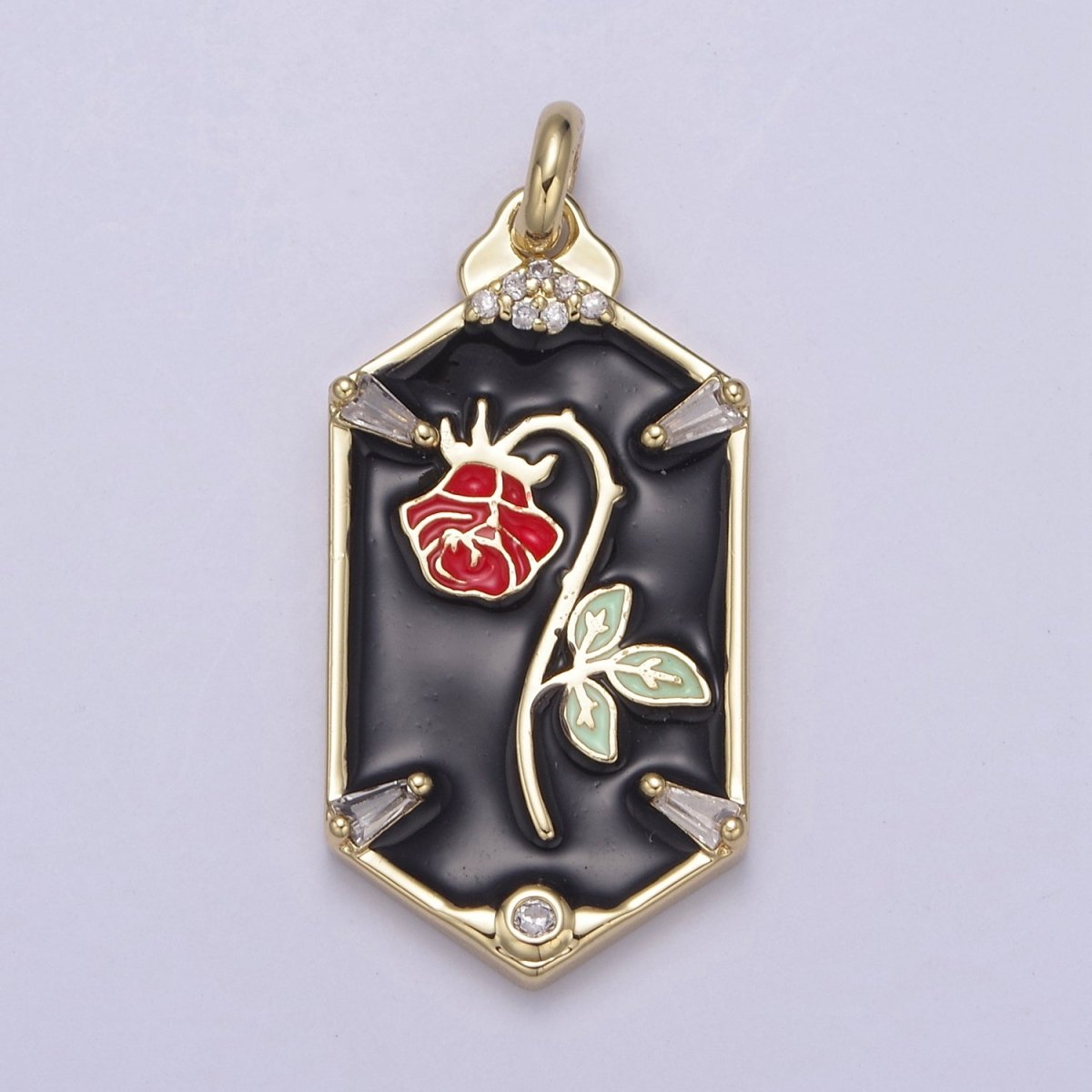 Dainty Red Rose Charm Necklace, 14K Gold plated Flower necklace Pendant Belle beauty and the beast Jewelry Inspired Hexagon Tag Dangle Charm N-759 N-761