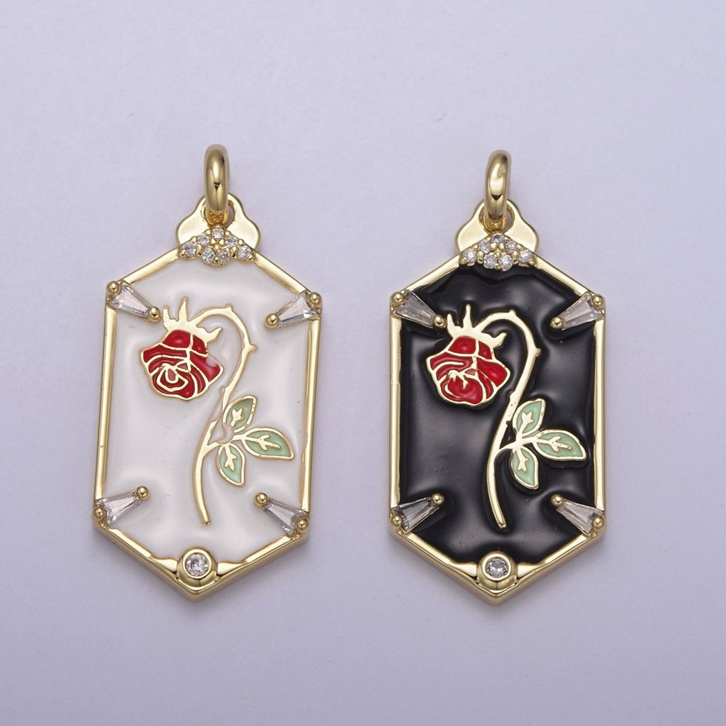 Dainty Red Rose Charm Necklace, 14K Gold plated Flower necklace Pendant Belle beauty and the beast Jewelry Inspired Hexagon Tag Dangle Charm N-759 N-761