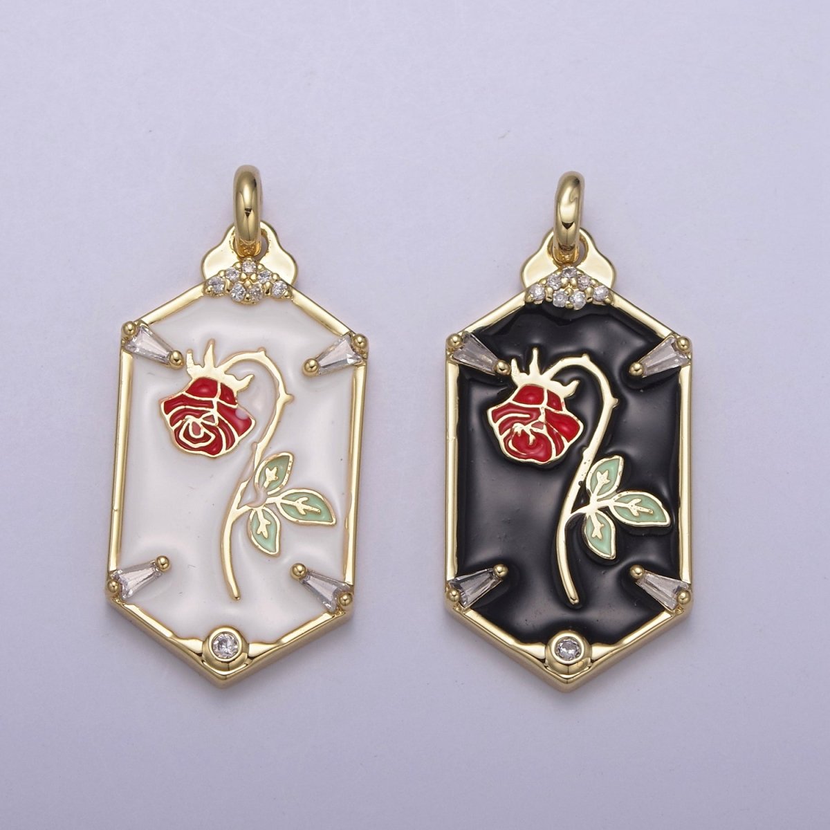 Dainty Red Rose Charm Necklace, 14K Gold plated Flower necklace Pendant Belle beauty and the beast Jewelry Inspired Hexagon Tag Dangle Charm N-759 N-761