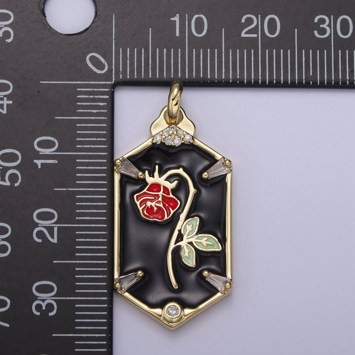Dainty Red Rose Charm Necklace, 14K Gold plated Flower necklace Pendant Belle beauty and the beast Jewelry Inspired Hexagon Tag Dangle Charm N-759 N-761