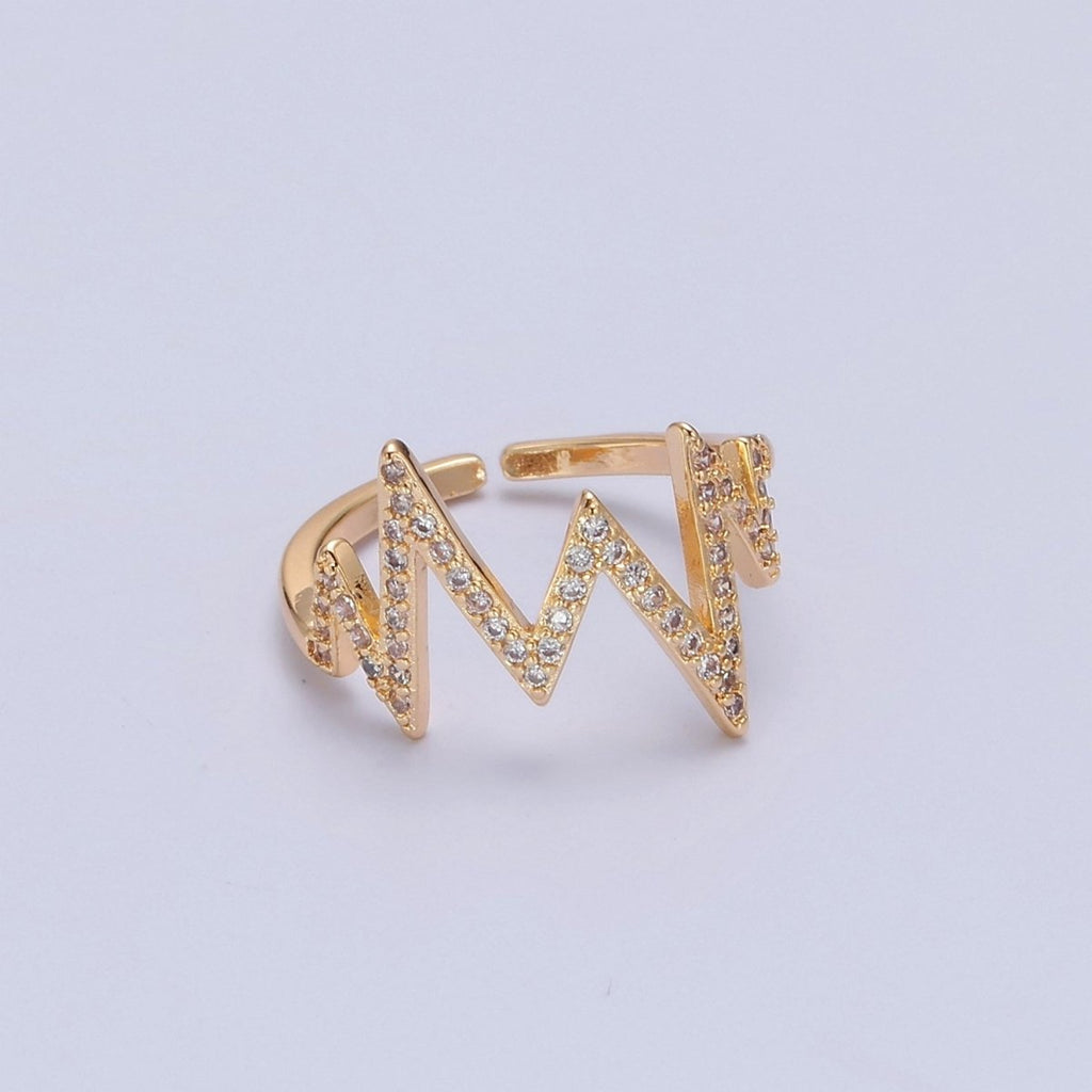 Dainty Ring, Adjustable Heart Beat Ring, Gold Heart Beat Ring, Micro Pave Zig Zag Ring, Minimalist open ring O-2151 - DLUXCA