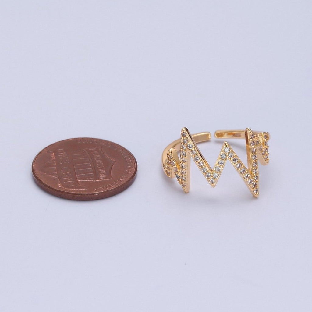 Dainty Ring, Adjustable Heart Beat Ring, Gold Heart Beat Ring, Micro Pave Zig Zag Ring, Minimalist open ring O-2151 - DLUXCA