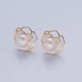 Dainty Round Pearl Stud Earring with White Enamel Flower for Wedding Jewelry T-539 - DLUXCA