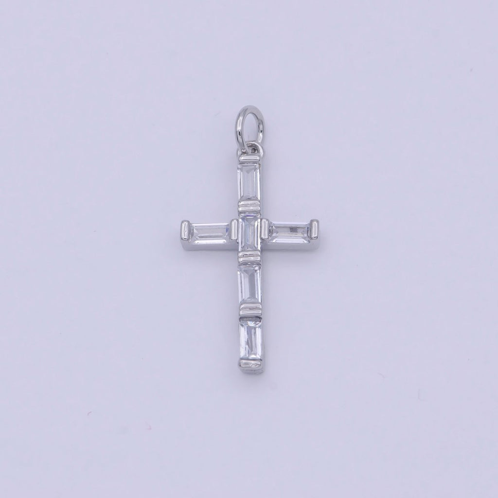Dainty Silver Cross Charm Baguette CZ Cross charm for Bracelet Earring Necklace W-179 - DLUXCA
