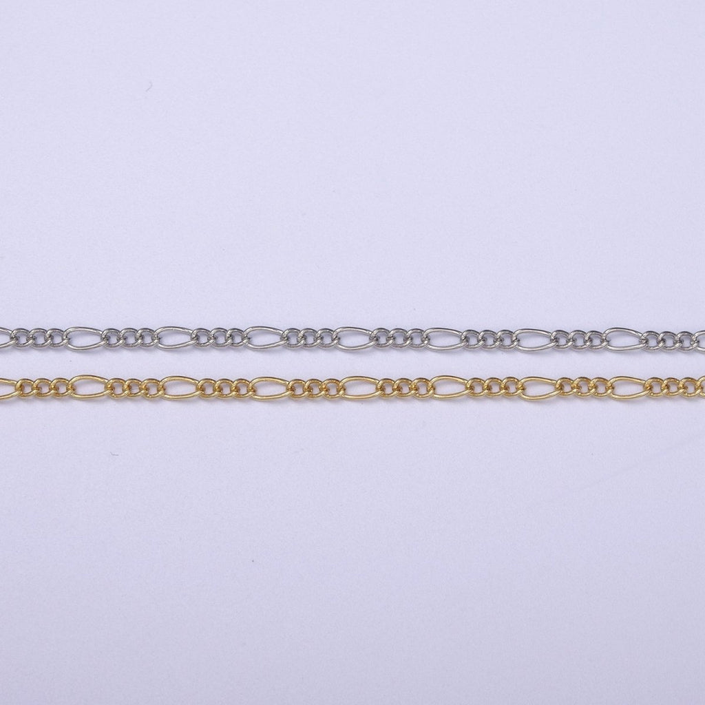 Dainty Silver Figaro long and short Chain by Yard Wholesale Bulk Unfinished Chain for Jewelry Making | ROLL-762 Clearance Pricing - DLUXCA