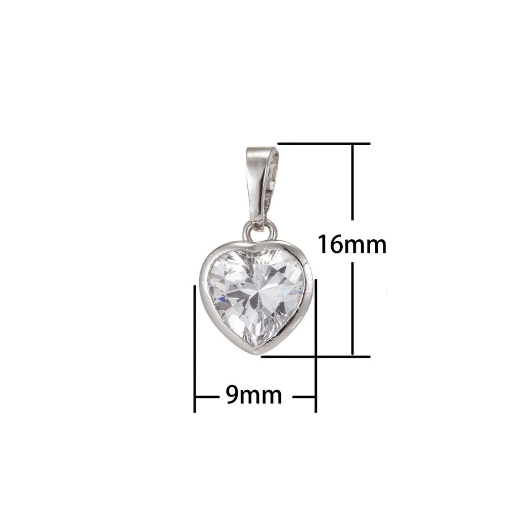 Dainty Solitaire Heart Cubic Zirconia in Bezel Charm Pendant Rhodium Plated for Necklace Earring Bracelet Charm I-211 - DLUXCA