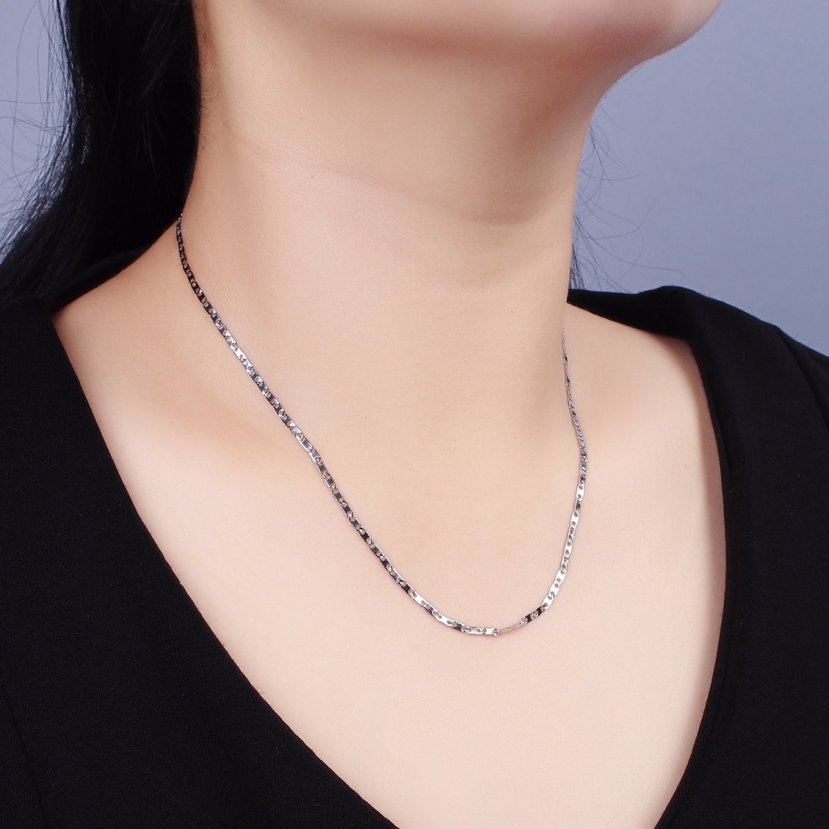 Dainty Stainless Steel 1.9mm Flat Anchor Mariner Chain 17.7 Inch Necklace in Silver | WA-2378 - DLUXCA