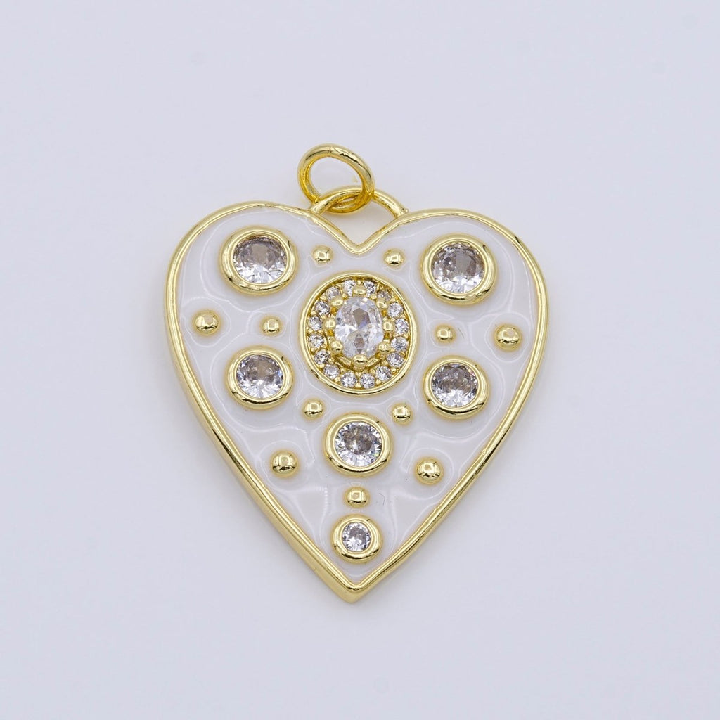 Dainty White Enamel Heart Charm, Gold plated Over Brass Heart Charm with CZ Bubble for Necklace Bracelet Earring Supply AC976 - DLUXCA