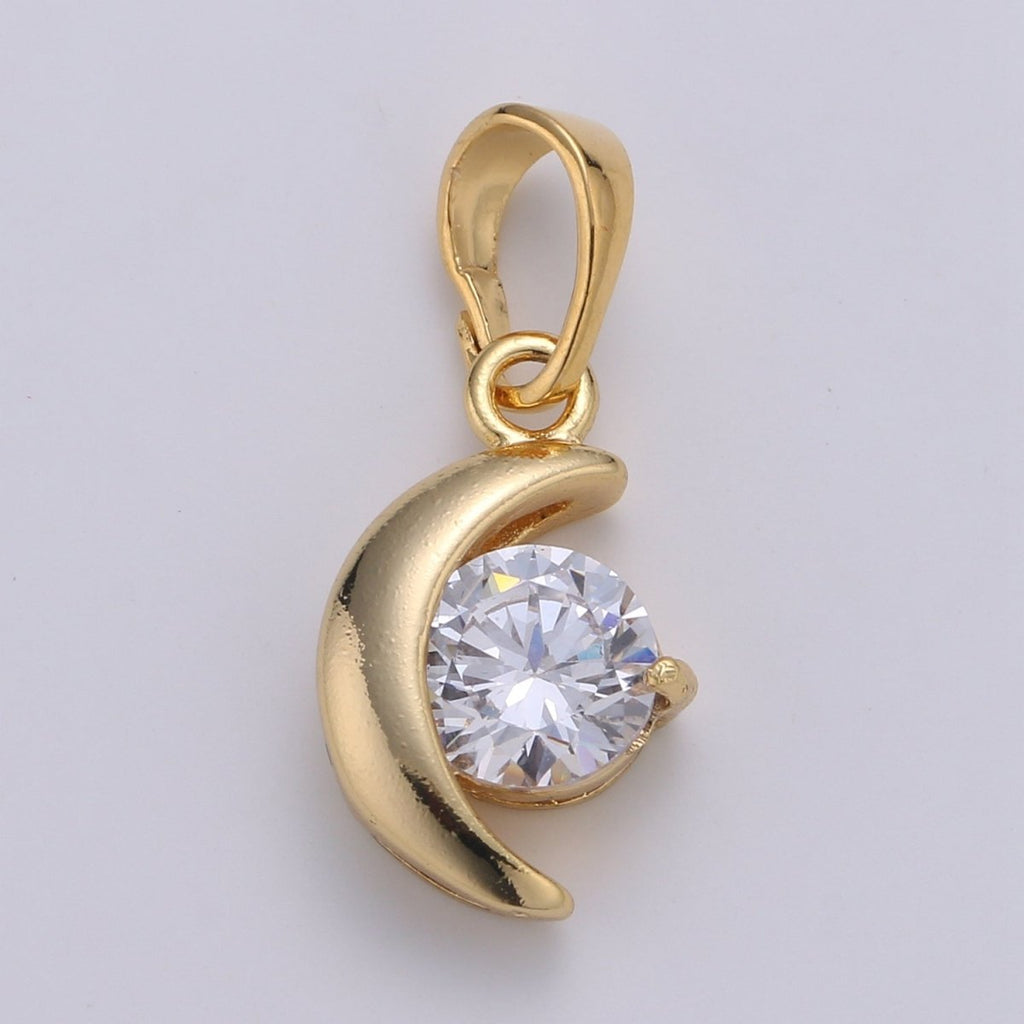 Dangle 24k Gold plated Mini Moon Micro Pave CZ Small Moon Pendant, Dainty Crescent Moon Charm J-227 - DLUXCA