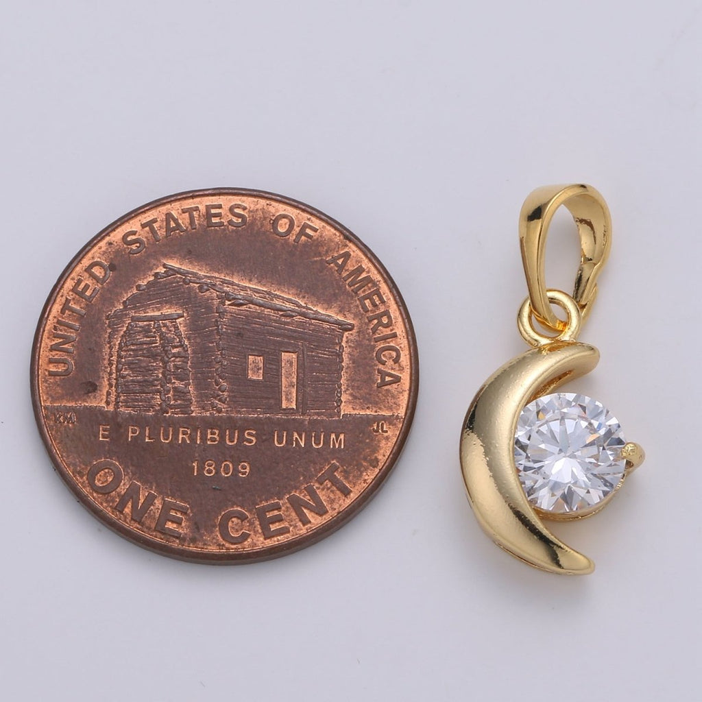 Dangle 24k Gold plated Mini Moon Micro Pave CZ Small Moon Pendant, Dainty Crescent Moon Charm J-227 - DLUXCA