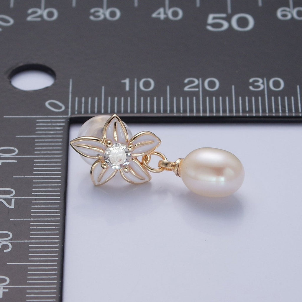 Dangle White Pearl Stud Earring with White Flower for Wedding Jewelry T-529 - DLUXCA