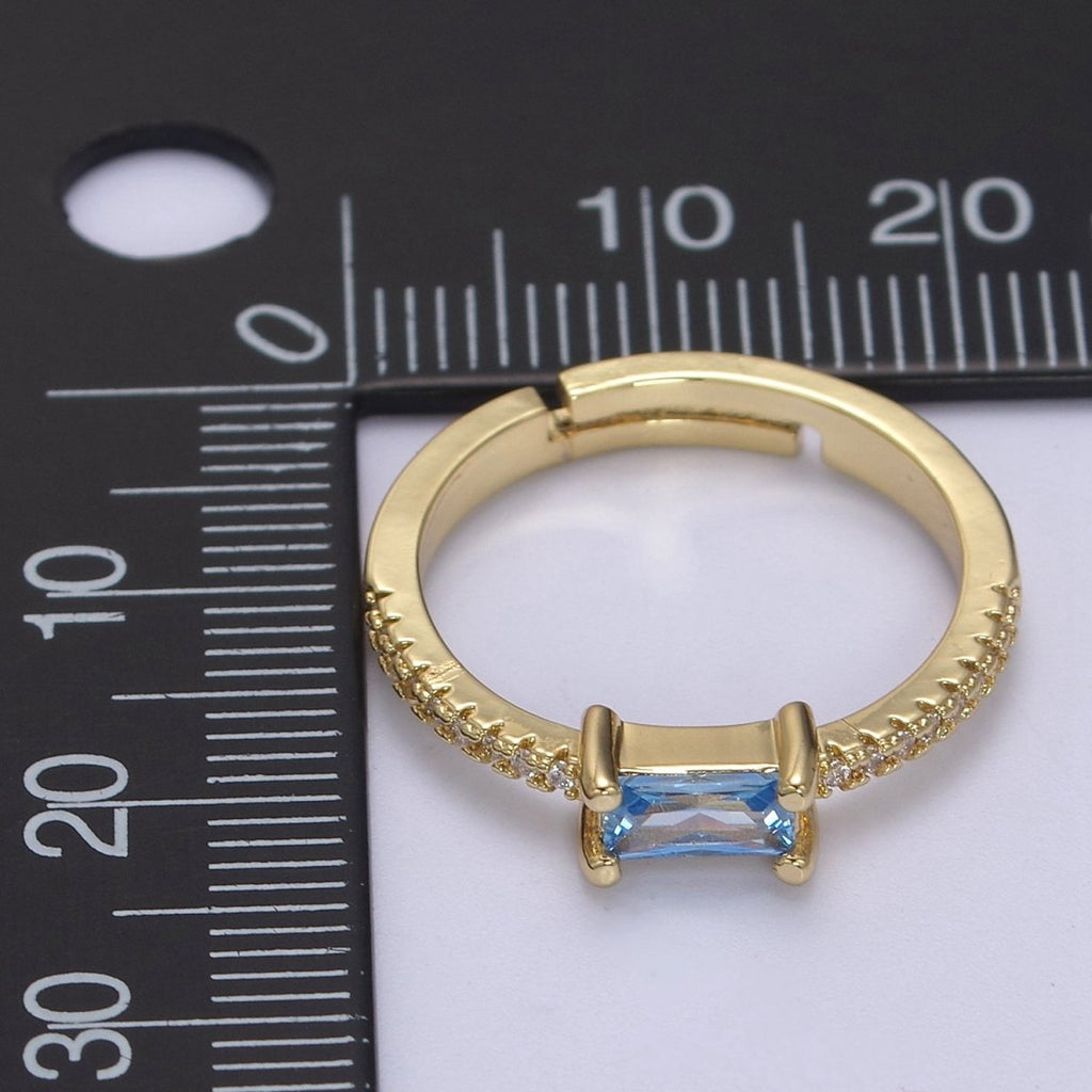 DEL-24K Gold plated Dainty Emerald Green, Blue, Purple Baguette Crystal Zirconia CZ Adjustable Band Ring U-300~U-302 - DLUXCA