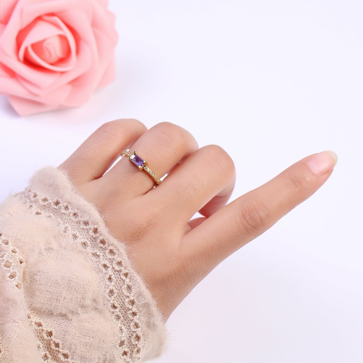 DEL-24K Gold plated Dainty Emerald Green, Blue, Purple Baguette Crystal Zirconia CZ Adjustable Band Ring U-300~U-302 - DLUXCA