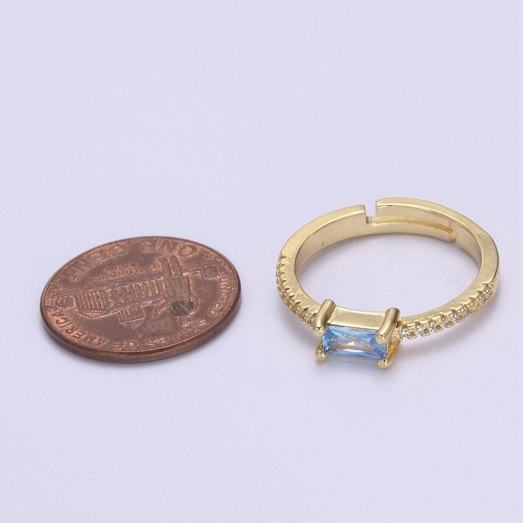 DEL-24K Gold plated Dainty Emerald Green, Blue, Purple Baguette Crystal Zirconia CZ Adjustable Band Ring U-300~U-302 - DLUXCA