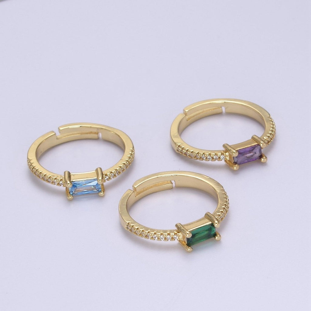 DEL-24K Gold plated Dainty Emerald Green, Blue, Purple Baguette Crystal Zirconia CZ Adjustable Band Ring U-300~U-302 - DLUXCA