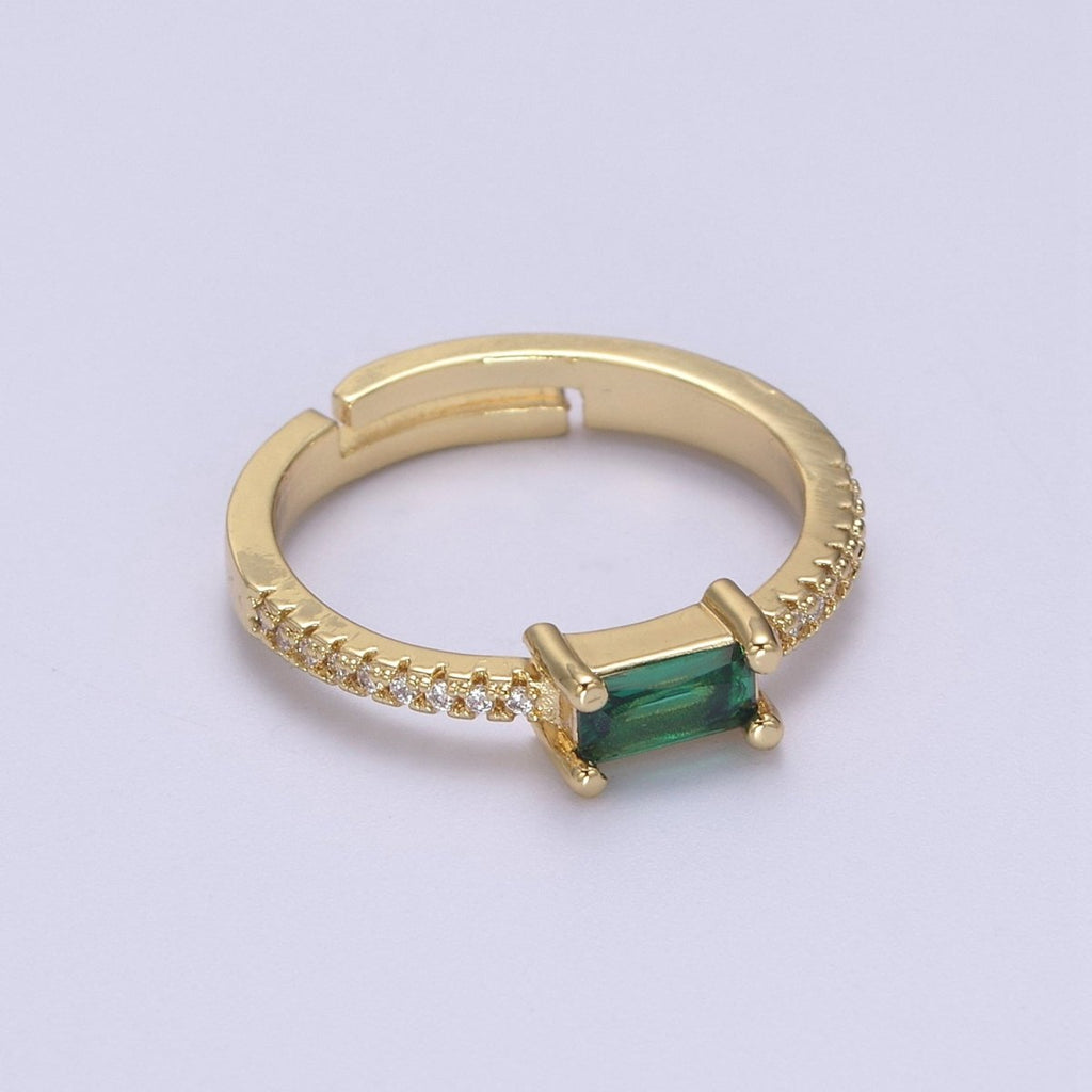 DEL-24K Gold plated Dainty Emerald Green, Blue, Purple Baguette Crystal Zirconia CZ Adjustable Band Ring U-300~U-302 - DLUXCA