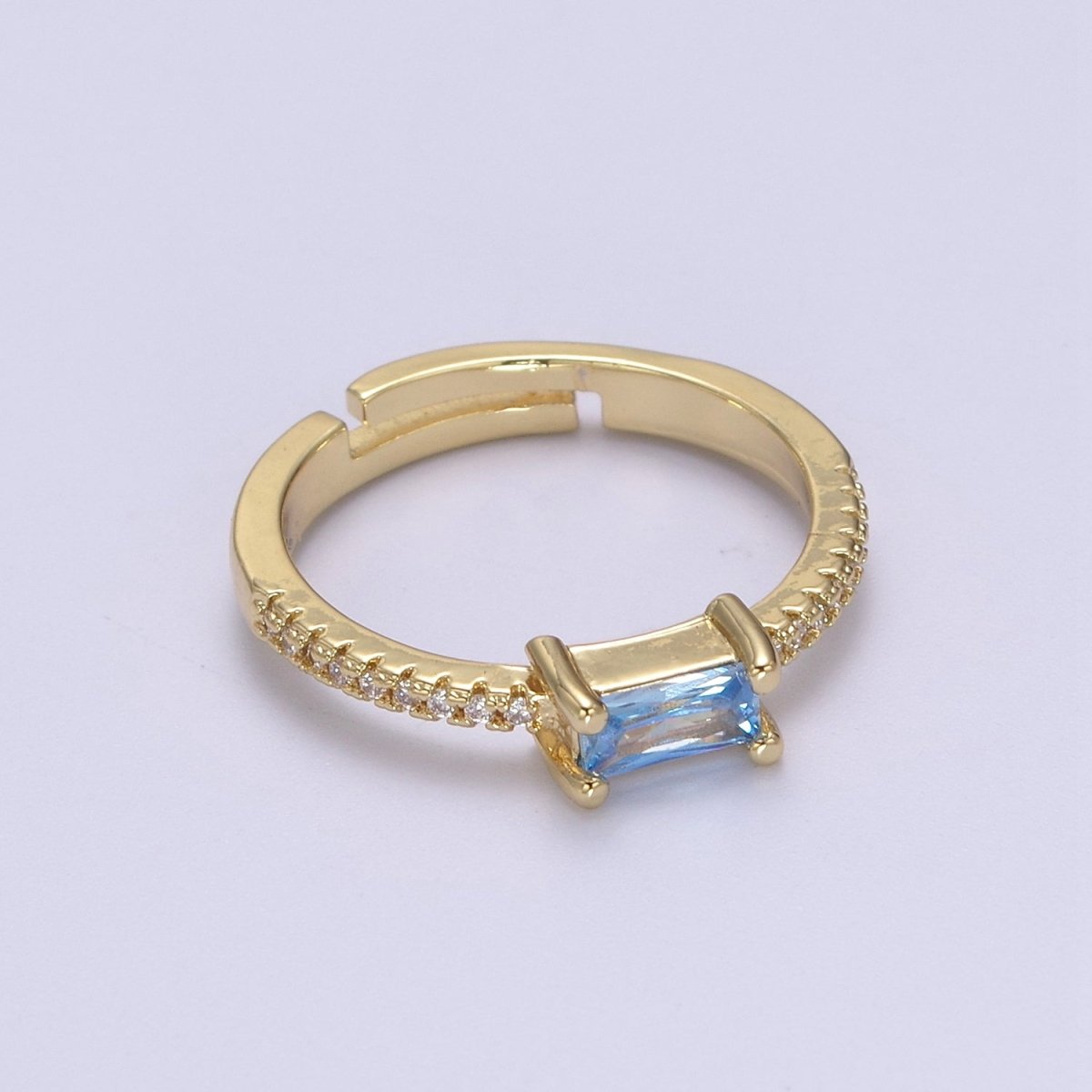 DEL-24K Gold plated Dainty Emerald Green, Blue, Purple Baguette Crystal Zirconia CZ Adjustable Band Ring U-300~U-302 - DLUXCA