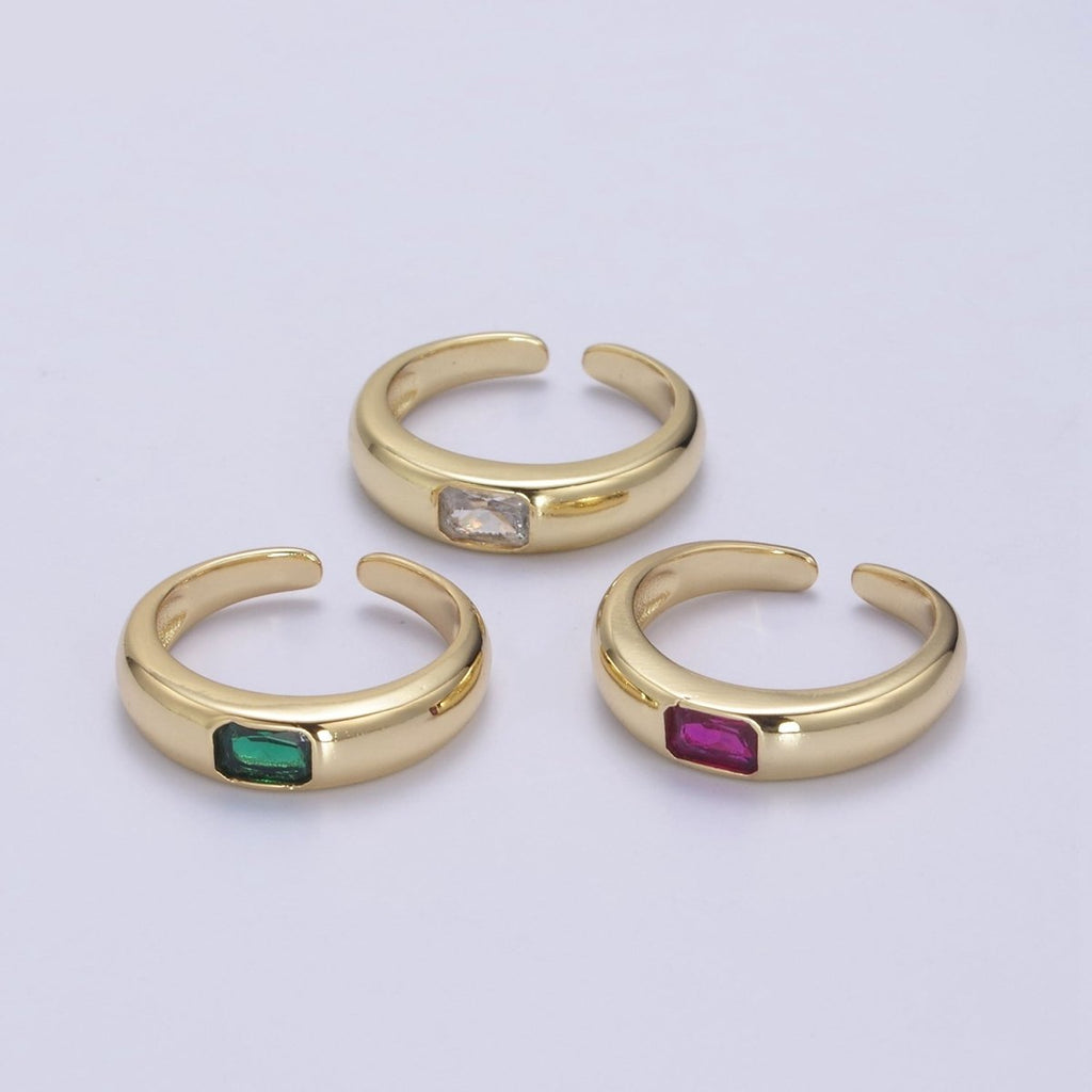 DEL-Minimalist 14k Gold plated Ring With CZ Clear / Green / Pink Cz Stone Small Rectangle Open Adjustable U-316