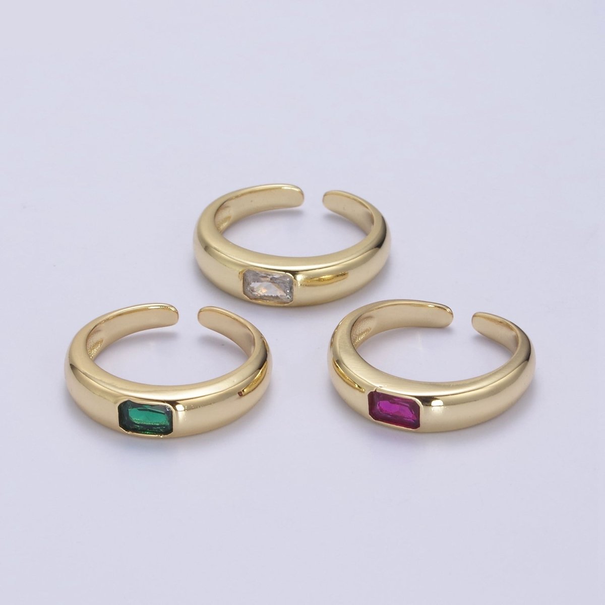 DEL-Minimalist 14k Gold plated Ring With CZ Clear / Green / Pink Cz Stone Small Rectangle Open Adjustable U-316