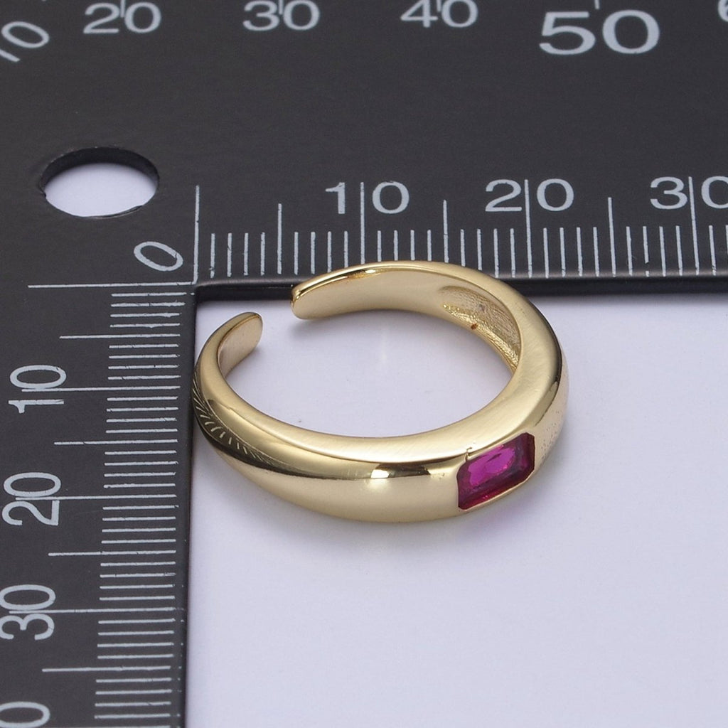 DEL-Minimalist 14k Gold plated Ring With CZ Clear / Green / Pink Cz Stone Small Rectangle Open Adjustable U-316