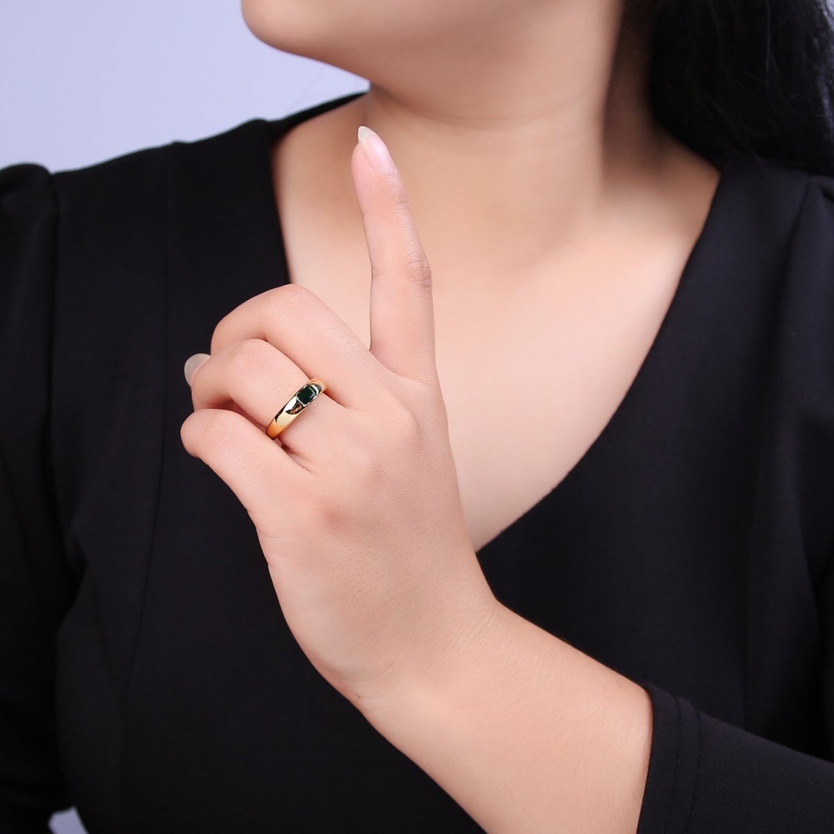 DEL-Minimalist 14k Gold plated Ring With CZ Clear / Green / Pink Cz Stone Small Rectangle Open Adjustable U-316