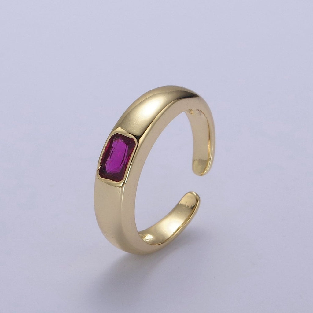 DEL-Minimalist 14k Gold plated Ring With CZ Clear / Green / Pink Cz Stone Small Rectangle Open Adjustable U-316