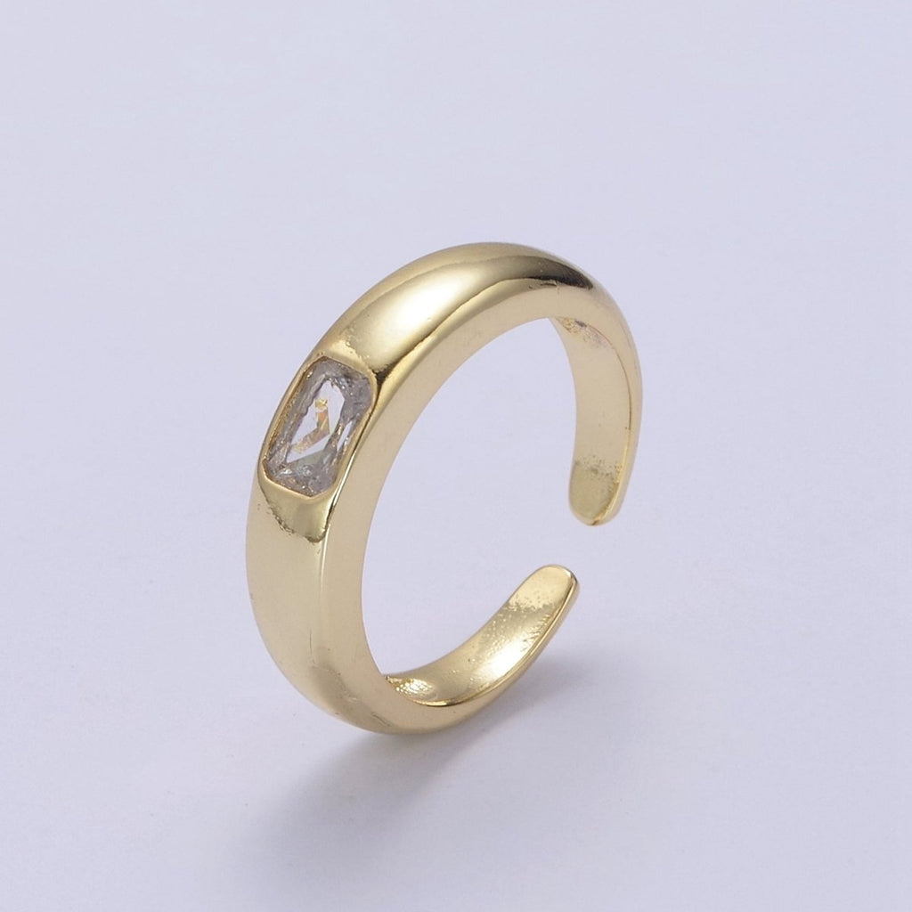DEL-Minimalist 14k Gold plated Ring With CZ Clear / Green / Pink Cz Stone Small Rectangle Open Adjustable U-316