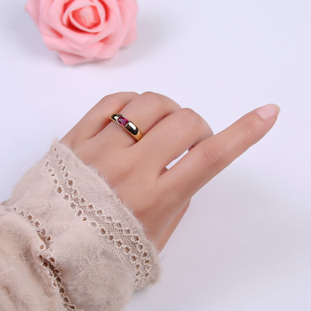 DEL-Minimalist 14k Gold plated Ring With CZ Clear / Green / Pink Cz Stone Small Rectangle Open Adjustable U-316