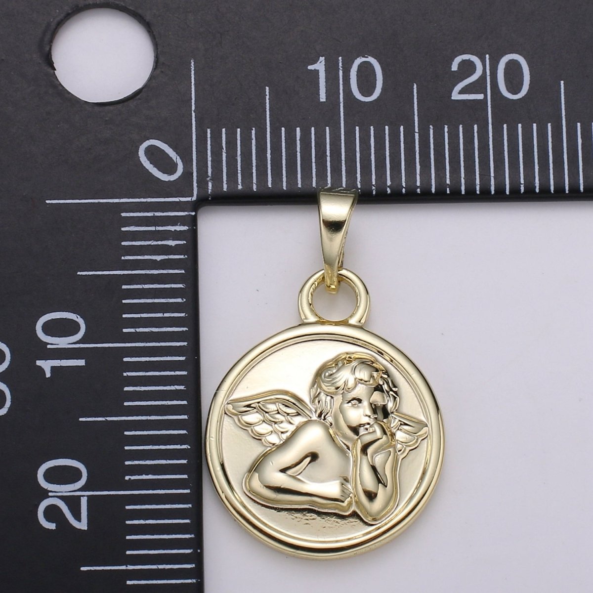 Detailed Cherub Angel Coin Medallion 15mm Disc Charm 14k Gold plated Charm Religious Angelic Spiritual Charm Wing Pendant Love Jewelry H-232 - DLUXCA