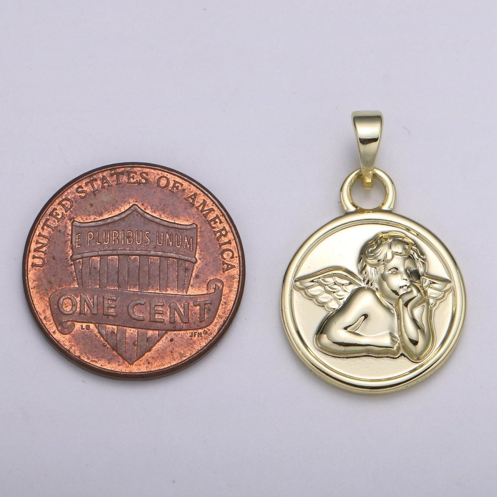 Detailed Cherub Angel Coin Medallion 15mm Disc Charm 14k Gold plated Charm Religious Angelic Spiritual Charm Wing Pendant Love Jewelry H-232 - DLUXCA