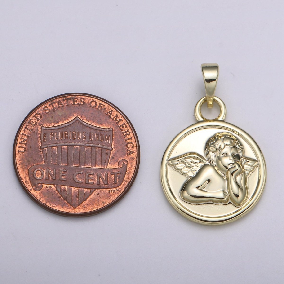 Detailed Cherub Angel Coin Medallion 15mm Disc Charm 14k Gold plated Charm Religious Angelic Spiritual Charm Wing Pendant Love Jewelry H-232 - DLUXCA