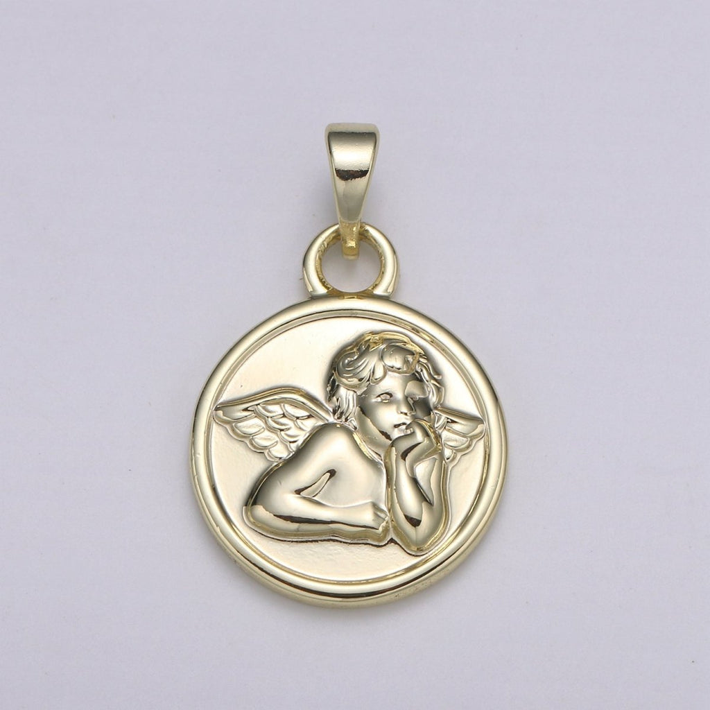Detailed Cherub Angel Coin Medallion 15mm Disc Charm 14k Gold plated Charm Religious Angelic Spiritual Charm Wing Pendant Love Jewelry H-232 - DLUXCA