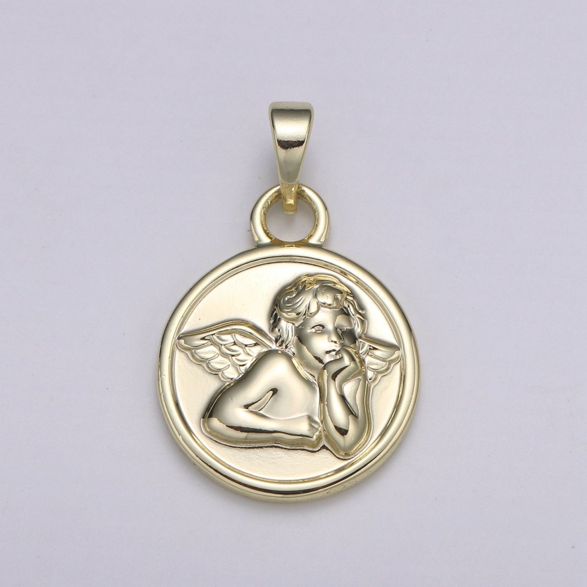 Detailed Cherub Angel Coin Medallion 15mm Disc Charm 14k Gold plated Charm Religious Angelic Spiritual Charm Wing Pendant Love Jewelry H-232 - DLUXCA