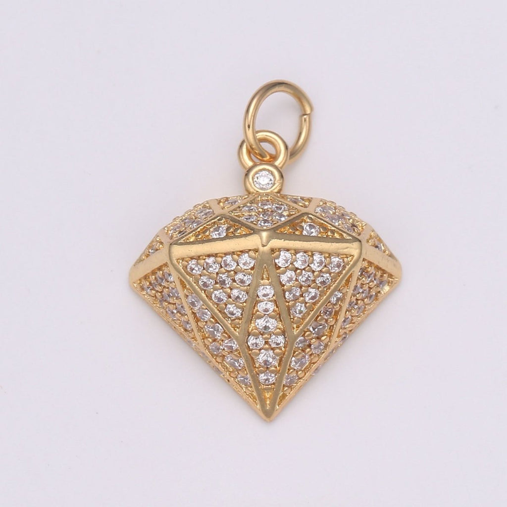 Diamond Design Micro Pave Clear CZ Charm, Acorn Pendant Geometric Gold Charm, DIY Jewelry Necklace E-592 - DLUXCA