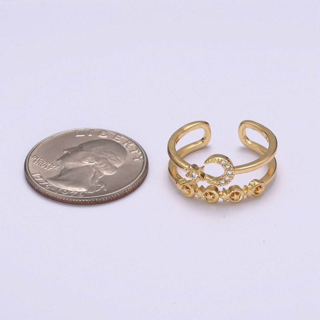 Double Band Crescent Moon Star Ring for Stackable Jewelry Open Adjustable Ring U-211 - DLUXCA