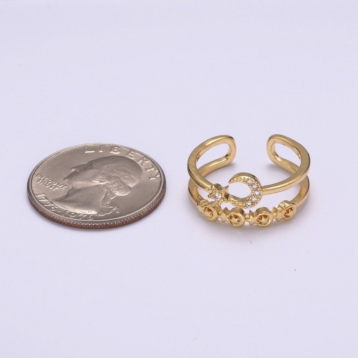 Double Band Crescent Moon Star Ring for Stackable Jewelry Open Adjustable Ring U-211 - DLUXCA