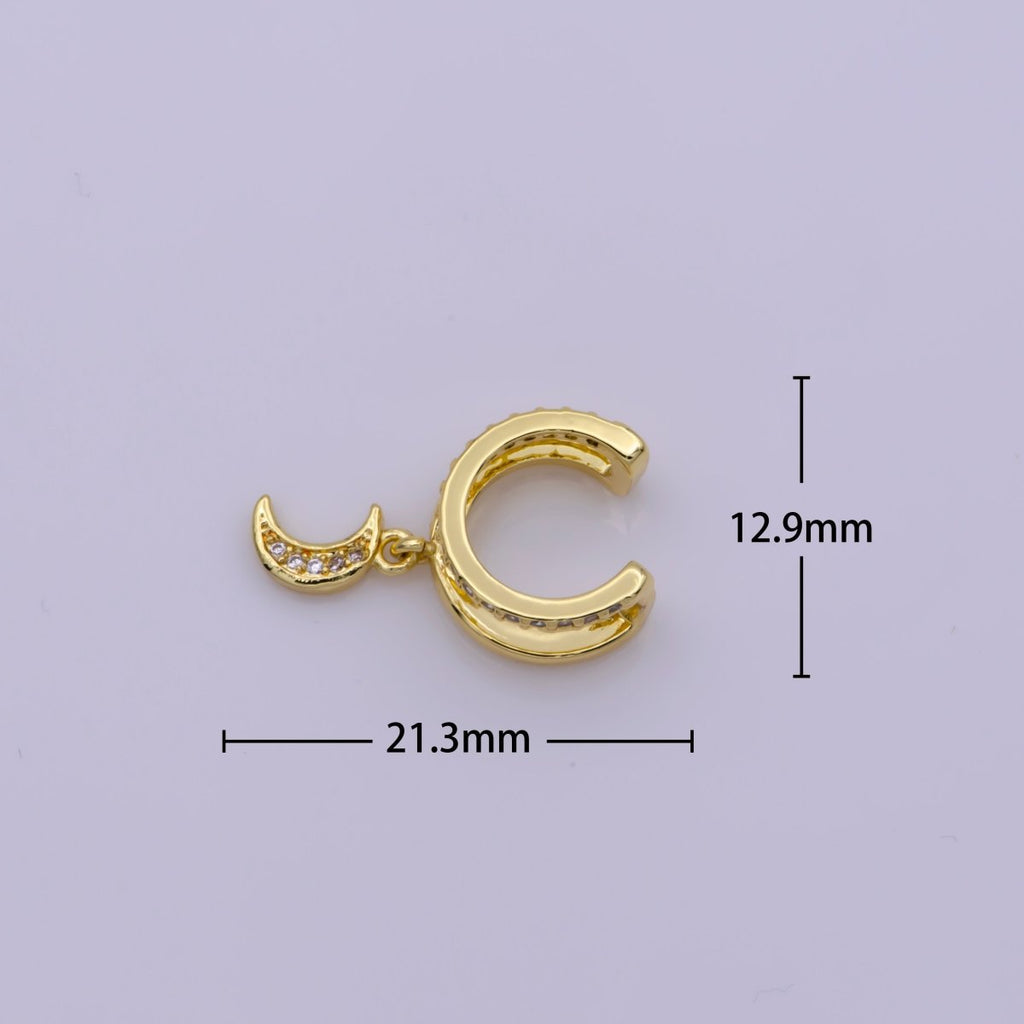 Double Band Micro Paved CZ Celestial Moon Dangle Charm Gold plated Cartilage Ear Cuff Earrings | Leo-543 - DLUXCA