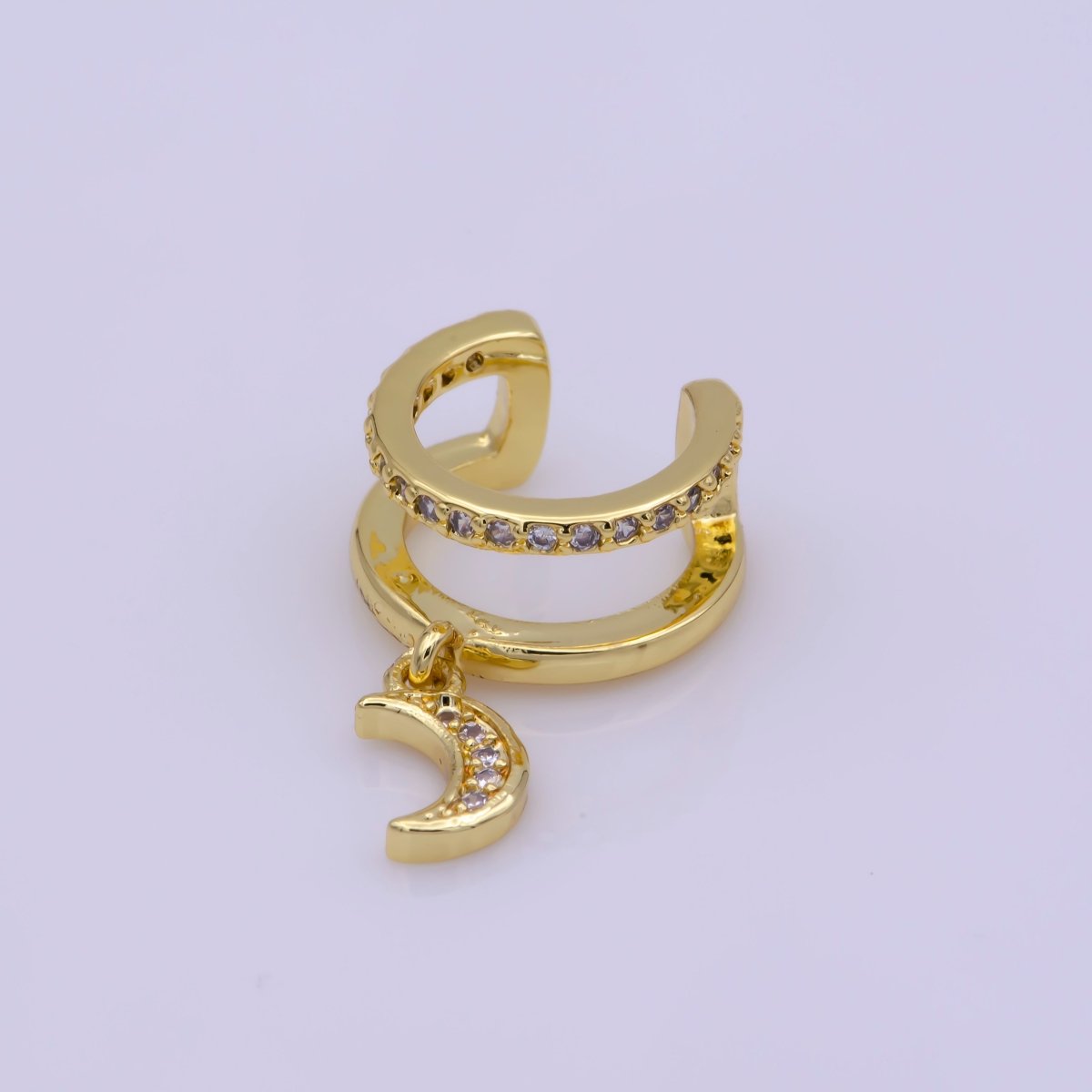 Double Band Micro Paved CZ Celestial Moon Dangle Charm Gold plated Cartilage Ear Cuff Earrings | Leo-543 - DLUXCA