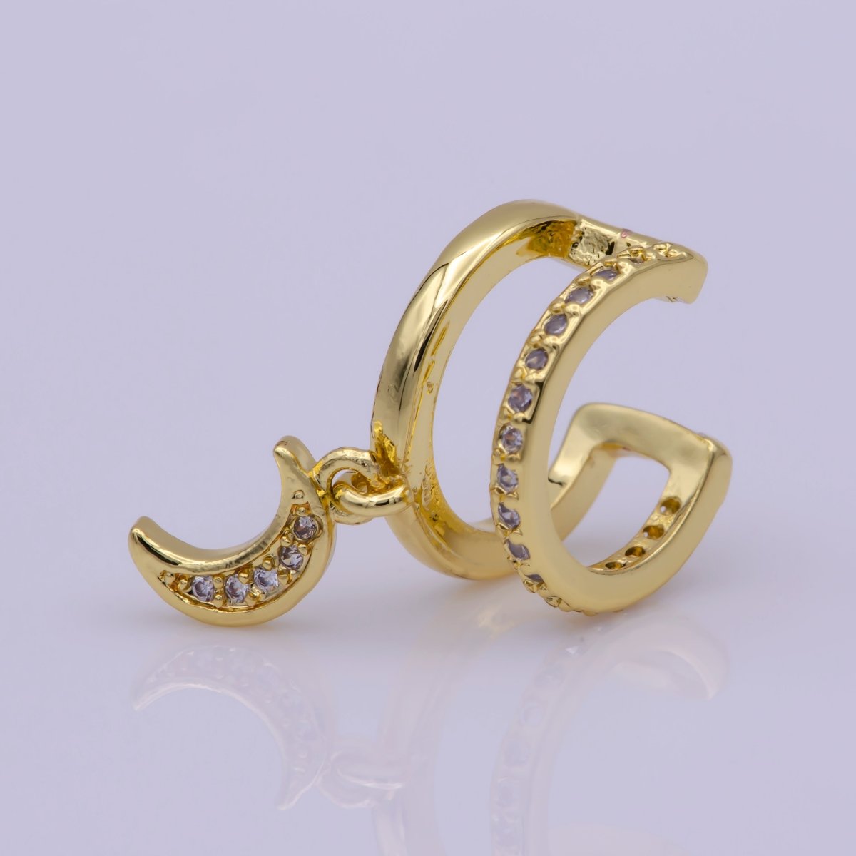 Double Band Micro Paved CZ Celestial Moon Dangle Charm Gold plated Cartilage Ear Cuff Earrings | Leo-543 - DLUXCA