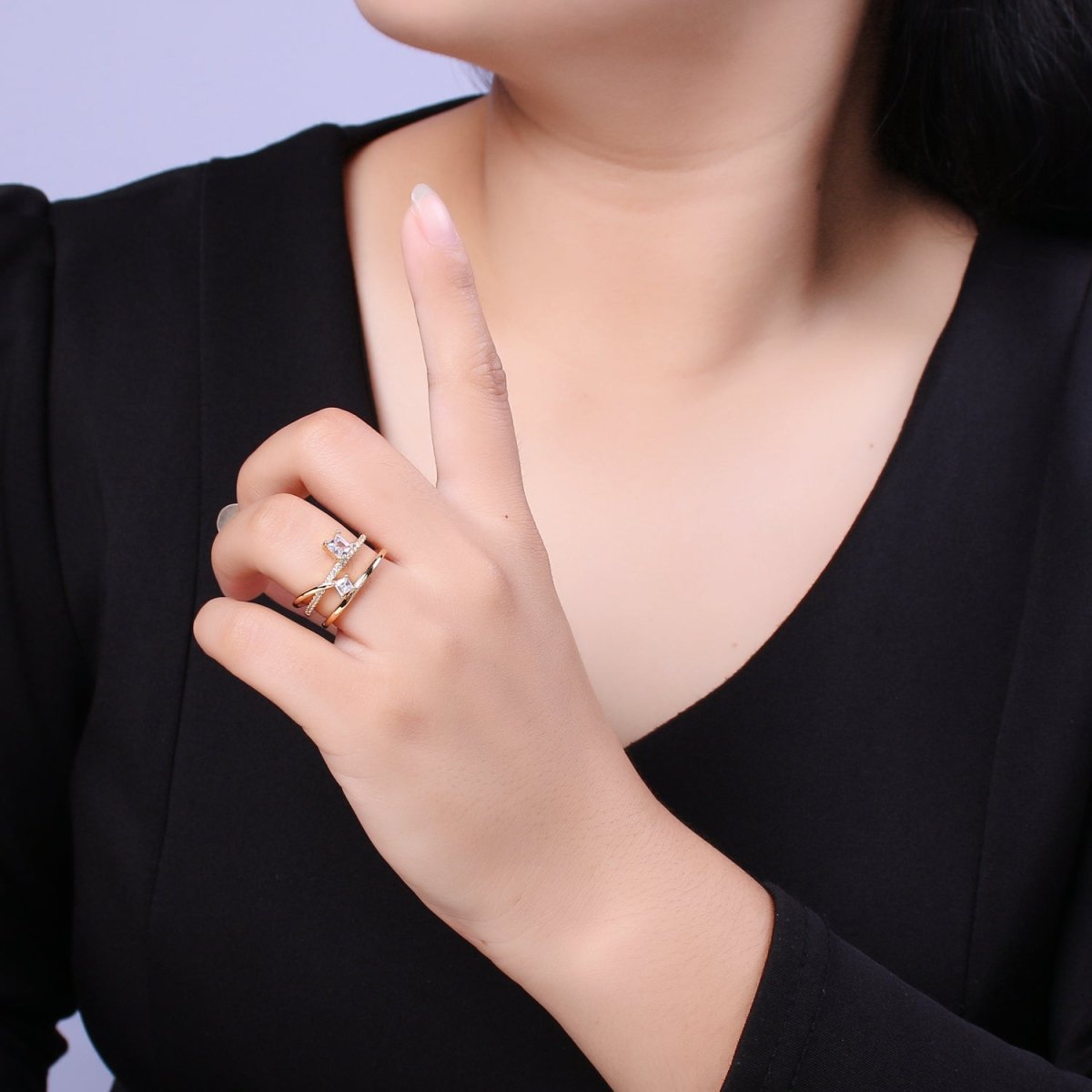 Double Band Ring 18K Gold plated Micro Pave Ring Open adjustable Jewelry U-027 - DLUXCA