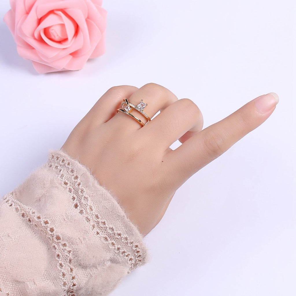 Double Band Ring 18K Gold plated Micro Pave Ring Open adjustable Jewelry U-027 - DLUXCA