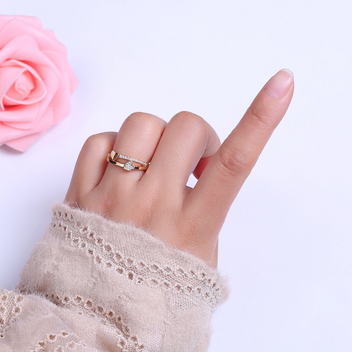 Double Heart Ring Gold plated Dainty CZ Love Jewelry S-508 - DLUXCA