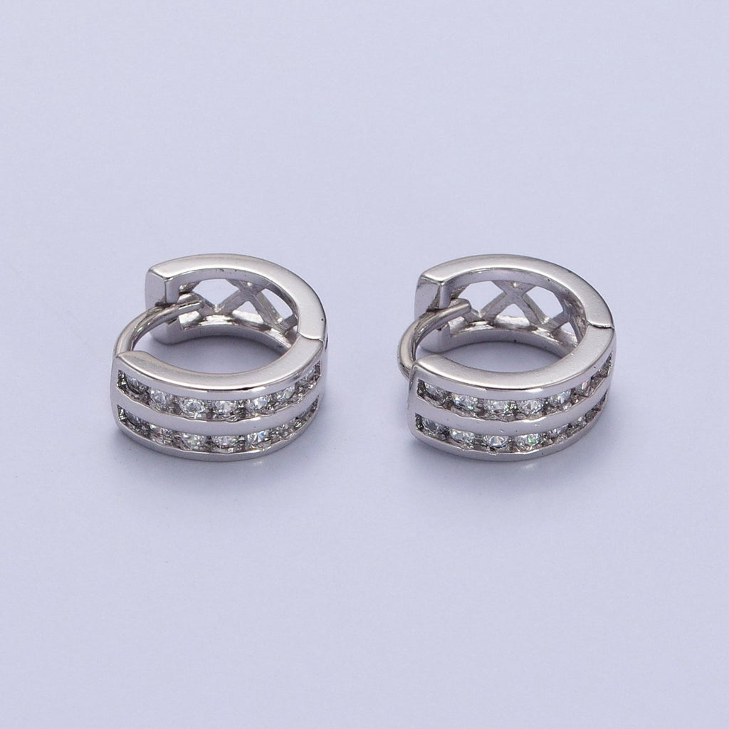 Double Round Clear CZ Bar 10mm Silver Huggie Earrings | AB130 - DLUXCA
