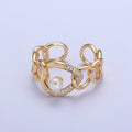 Elegant Dainty Pearl Gold Bold Chain Micro pave Cubic Zirconia Stone Adjustable Promise Ring - X611 - DLUXCA