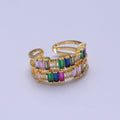 Elegant Double CZ Baguette Colorful Stone Gold Ring | Double Gold Band Ring Open Adjustable O-2130 - DLUXCA
