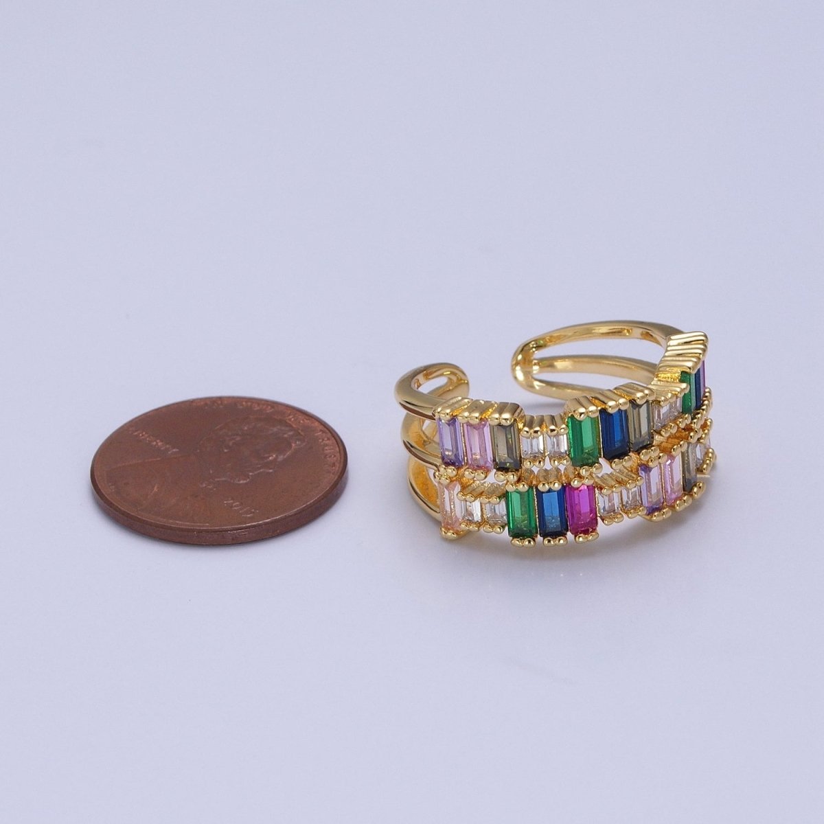 Elegant Double CZ Baguette Colorful Stone Gold Ring | Double Gold Band Ring Open Adjustable O-2130 - DLUXCA
